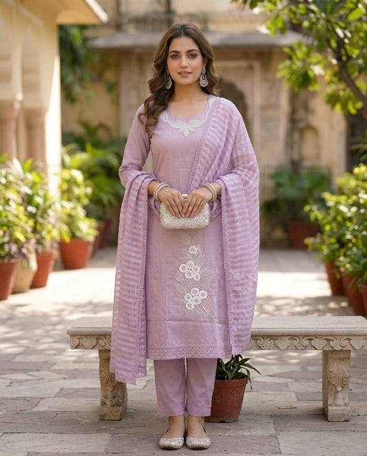Onion Pink Roman Silk Embroidered Kurti Set with Dupatta | Handwork 3-Piece