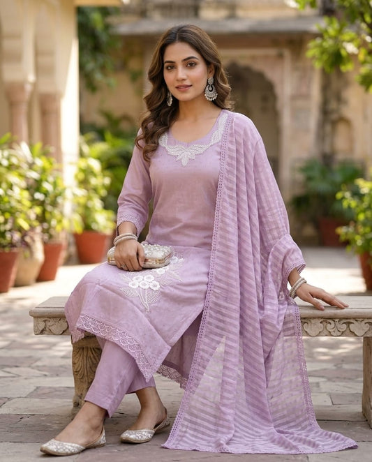 Onion Pink Roman Silk Embroidered Kurti Set with Dupatta | Handwork 3-Piece