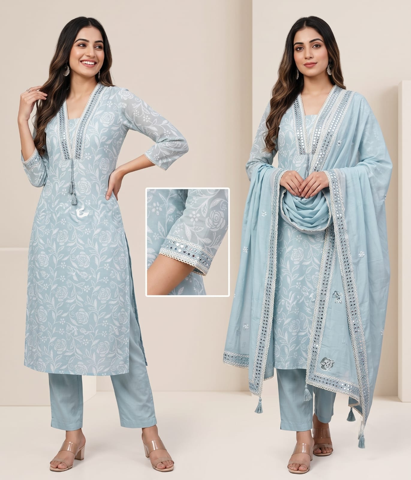 Soft pastel aqua blue Floral Embroidered Kurti Set