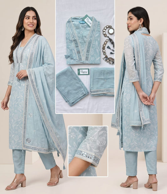 Soft pastel aqua blue Floral Embroidered Kurti Set