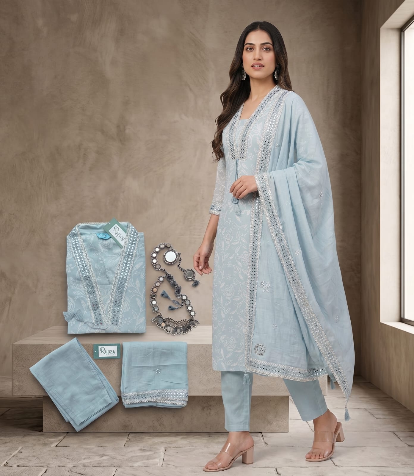 Soft pastel aqua blue Floral Embroidered Kurti Set