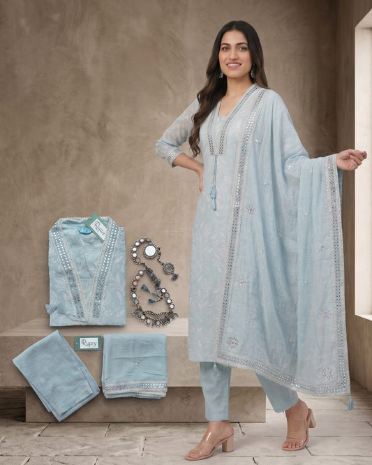 Soft pastel aqua blue Floral Embroidered Kurti Set