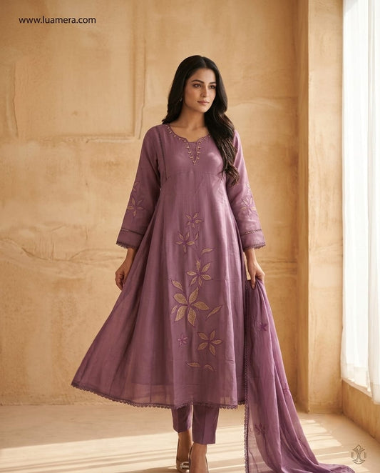 Purple Mul Chanderi A-Line Kurti Set with Dupatta | Floral Embroidery