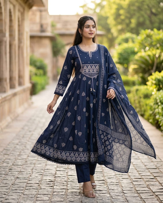 Navy Blue Cotton Anarkali Kurti Set with Dupatta | Embroidered & Printed 3-Piece