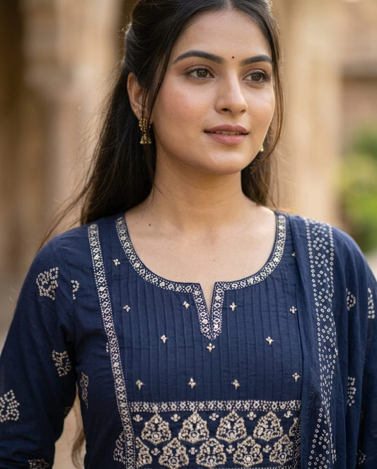 Navy Blue Cotton Anarkali Kurti Set with Dupatta | Embroidered & Printed 3-Piece