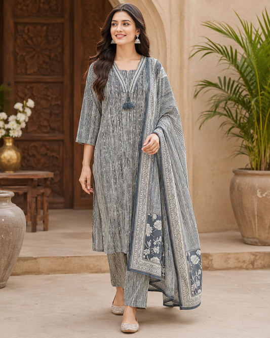 Grey & White Stripe Kurti Set – Cotton Printed 3-Piece
