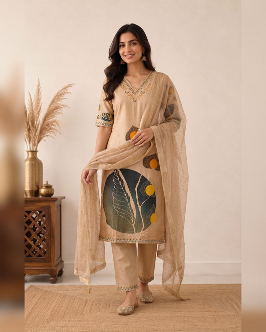 Beige Pichwai Leaf Print Kurti Set