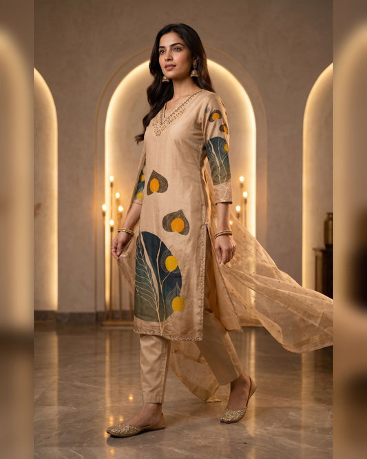 Beige Pichwai Leaf Print Kurti Set