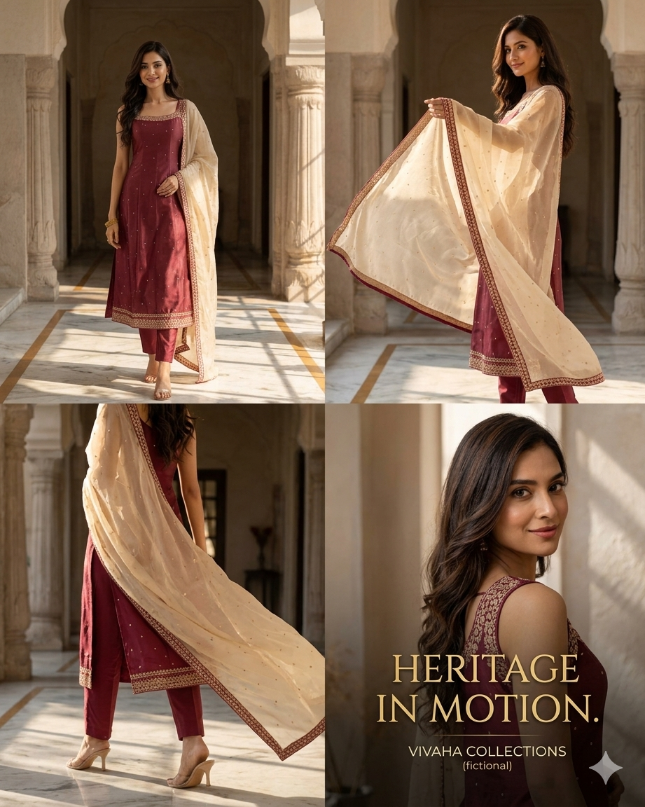 Wine Red Embroidered Kurti Set with Beige Dupatta