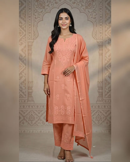 Coral Chikankari Kurta Set – Floral Thread Embroidery