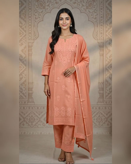 Coral Chikankari Kurta Set – Floral Thread Embroidery