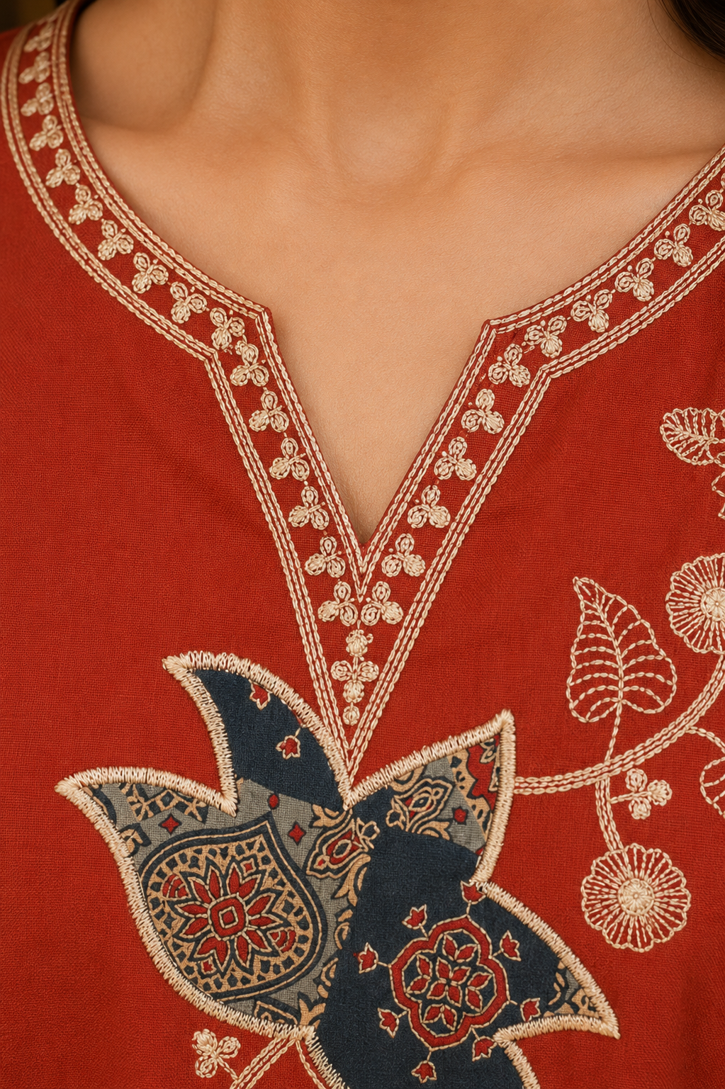 Rust Lotus Embroidered Kurti Set with Ajrakh Dupatta