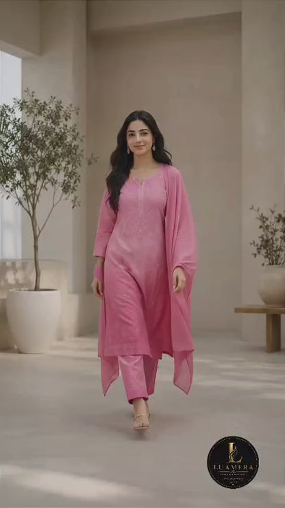 Hot Pink Chikankari Kurti Set – Tonal Floral Embroidery